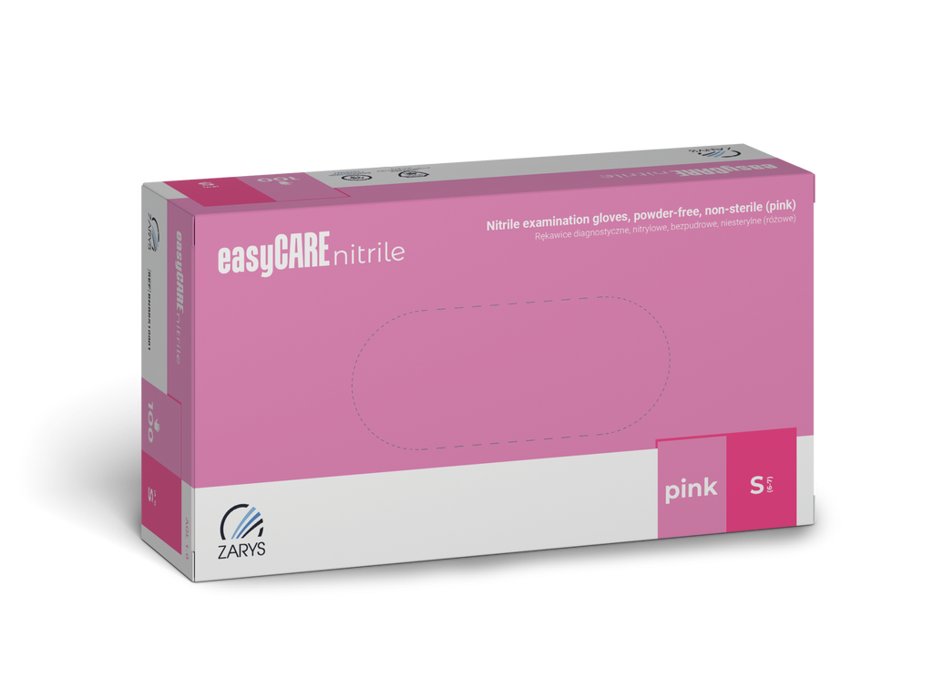 Rękawice diagnostyczne easyCARE nitrile, nitrylowe, bezpudrowe, niesterylne, różowe, Rozm. S, 100 szt.