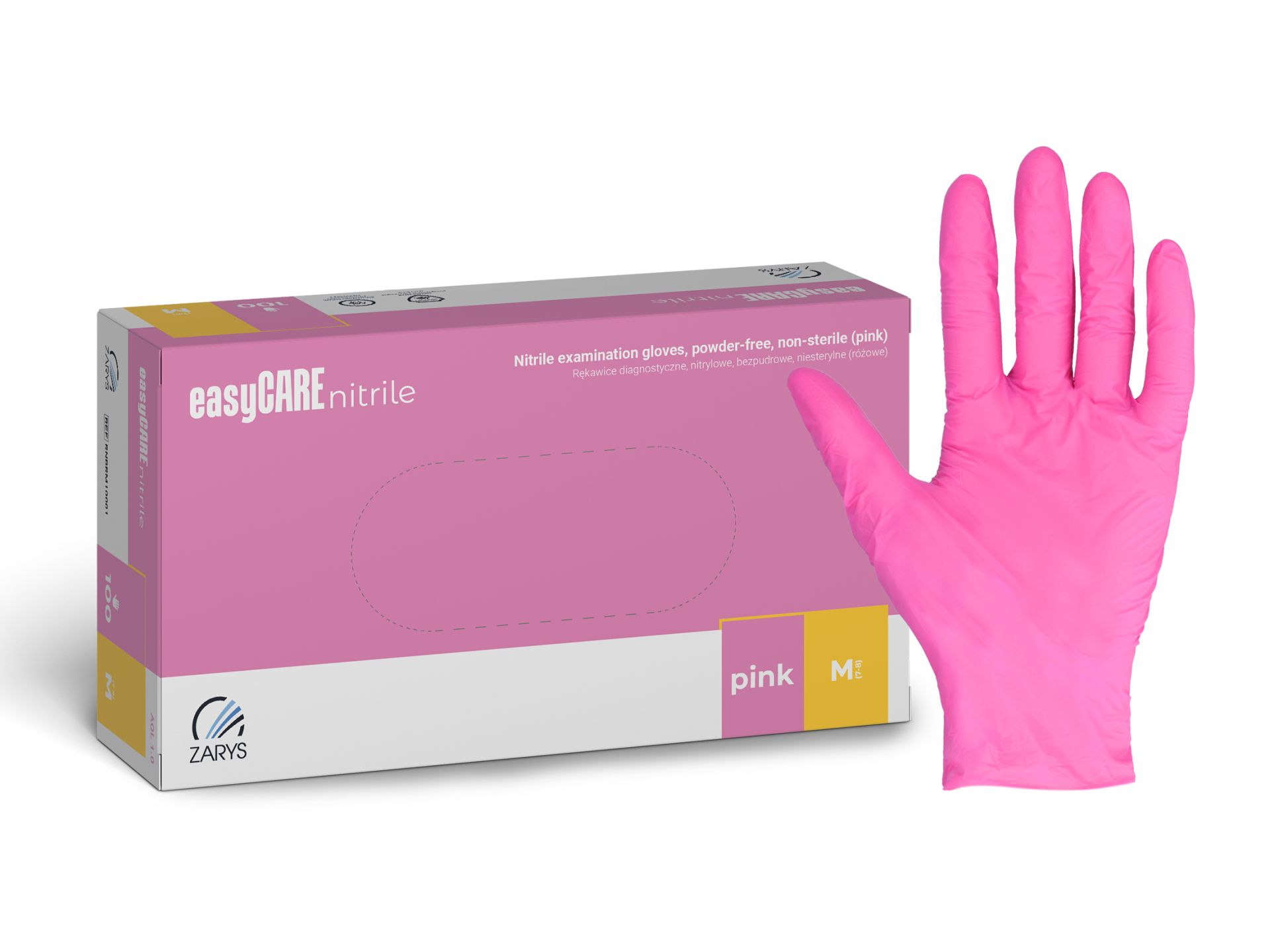 Rękawice diagnostyczne easyCARE nitrile, nitrylowe, bezpudrowe, niesterylne, różowe, Rozm. M, 100 szt.