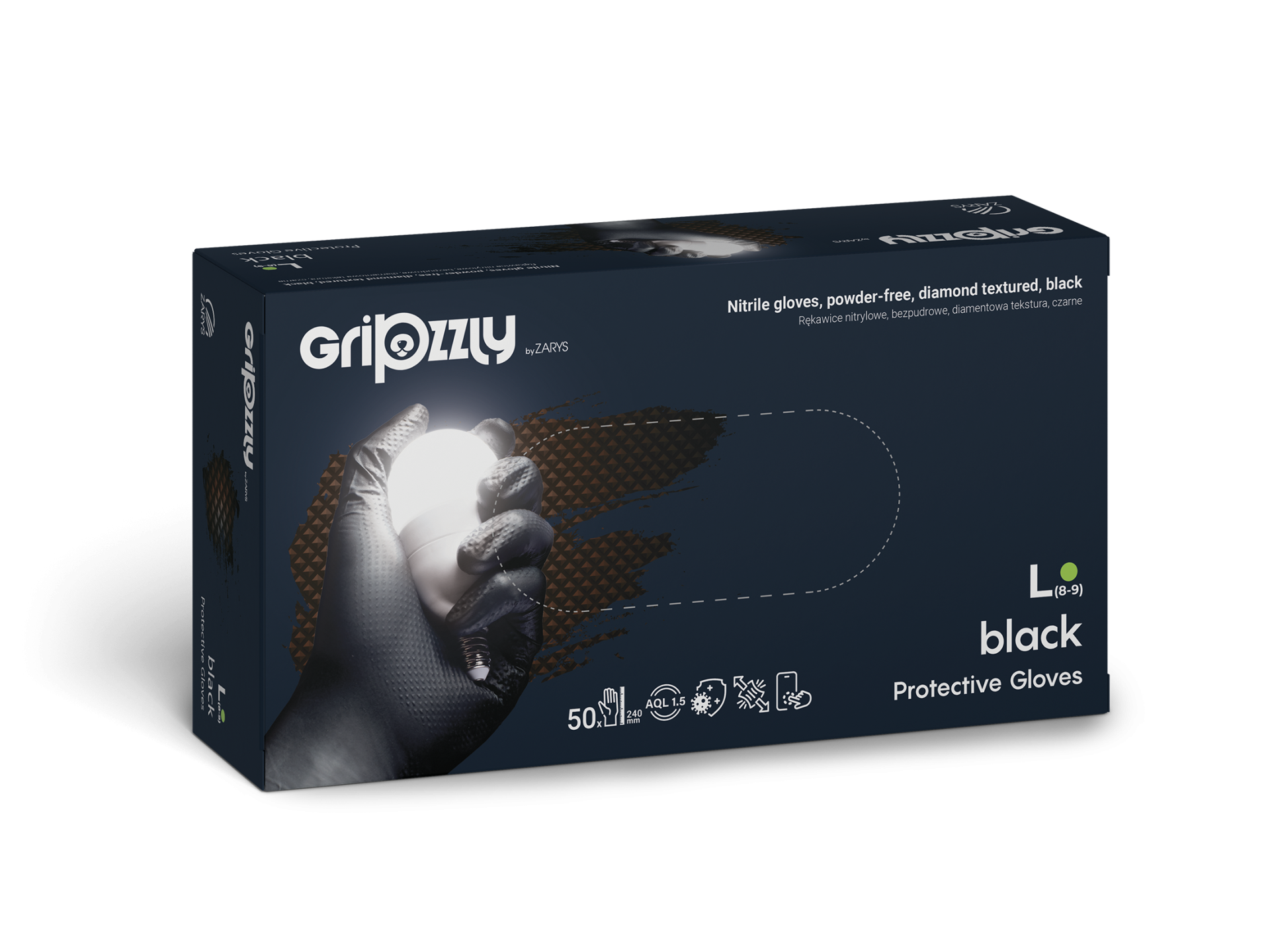 Rękawice Gripzzly nitrylowe, bezpudrowe, z diamentową teksturą, czarne, Rozm. L, 50 szt.